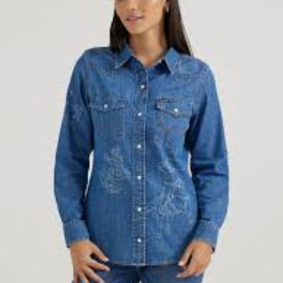 Wrangler Retro Women's Cowboy Long Sleeve Snap Denim Western Shirt - Picture 2 of 3